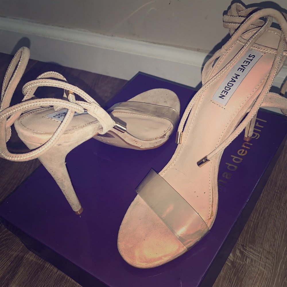 Glamorous nude 3” heels with clear strap & laces